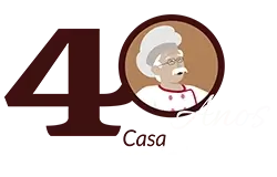 Logotipo da Casa Azevedo Ribeiro comemorando 40 anos, com a imagem de um chef de cozinha de bigode e óculos dentro do número 40.